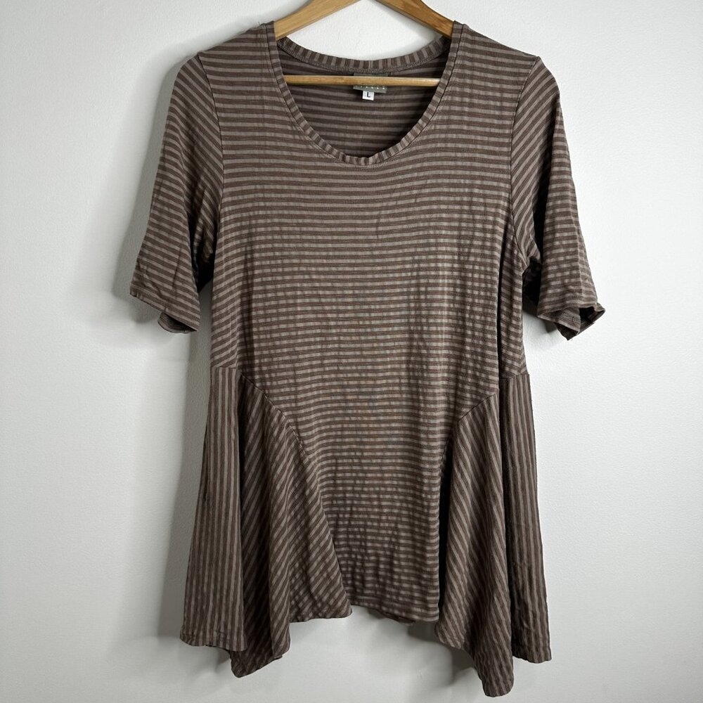 Niche Nilgun Derman Shirt Womens L Brown Striped‎ Lagenlook Boho Hippie Stretch